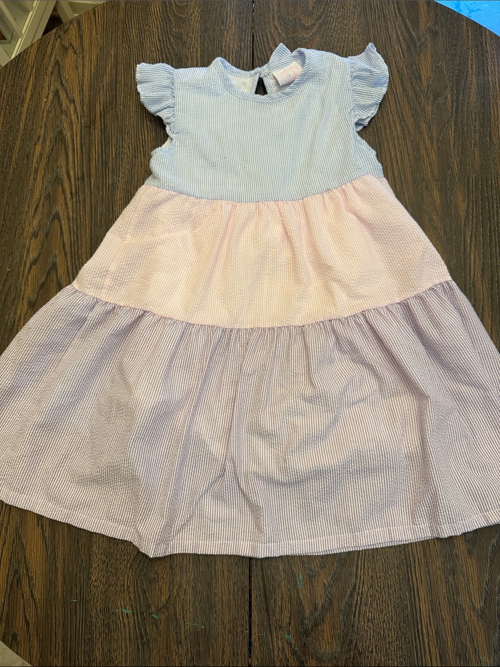 Stitchy Fish 7 Girls' Tiered Pastel Seersucker Dress - Blue, Pink, Lavender
